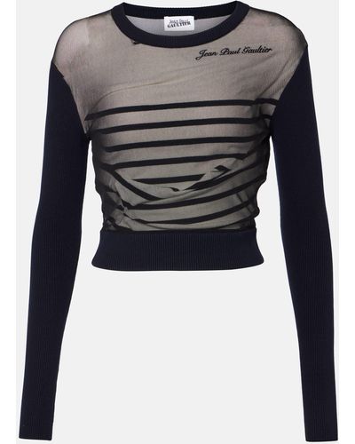Jean Paul Gaultier The Mariniere Jersey And Tulle Top - Grey