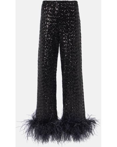 Oséree Feather-trimmed Embellished Wide-leg Pants - Black