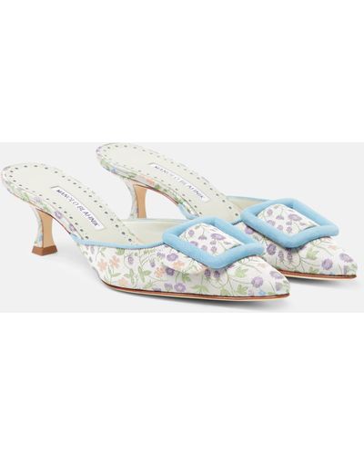 Manolo Blahnik Maysalebi 50 Denim Mules - White