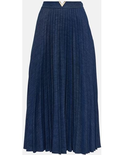 Valentino Vgold Pleated Chambray Midi Skirt - Blue