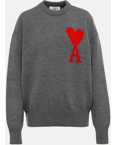 Ami Paris Intarsia-logo Wool Sweater - Grey