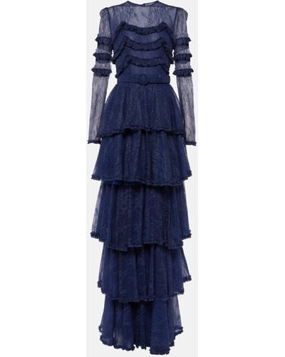 Costarellos Frill-trimmed Tiered Lace Gown - Blue