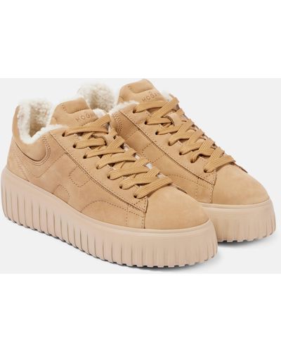 Hogan H-stripes Shearling-lined Suede Sneakers - Natural