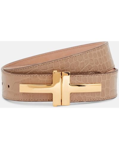 Tom Ford Double T Croc-effect Leather Belt - Natural