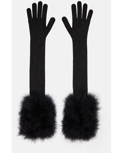 Saint Laurent Feather-trimmed Semi-sheer Gloves - Black