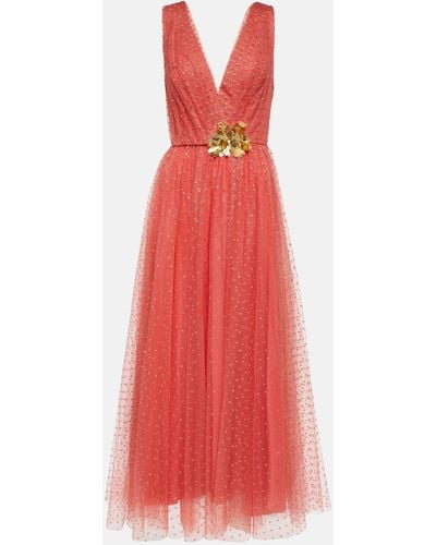 Monique Lhuillier Embellished Tulle Maxi Gown - Red