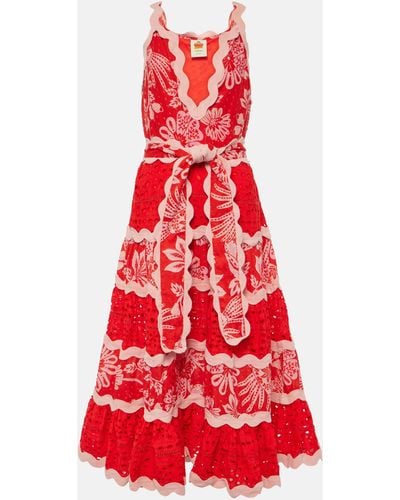 FARM Rio Broderie Anglaise Floral Cotton Midi Dress - Red