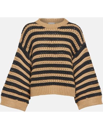 Brunello Cucinelli Striped Wool, Cashmere, And Silk Sweater - Brown