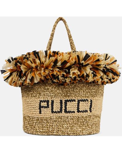 Emilio Pucci Logo Fringe-trimmed Raffia Tote Bag - Metallic