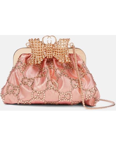 Gucci Bow-detail Embellished Moire Clutch - Pink