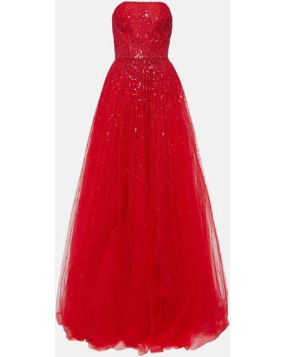 Monique Lhuillier Embellished Tulle Gown - Red