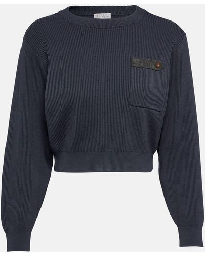 Brunello Cucinelli Cropped Ribbed-knit Cotton Sweater - Blue