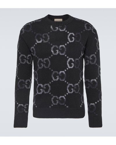 Gucci Monogram-pattern Ribbed-trim Wool-blend Knitted Sweater - Black
