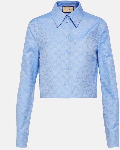 Gucci GG Cropped Cotton Oxford Shirt - Blue