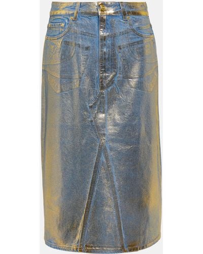 Ganni Gold-foiled Denim Midi Skirt - Blue