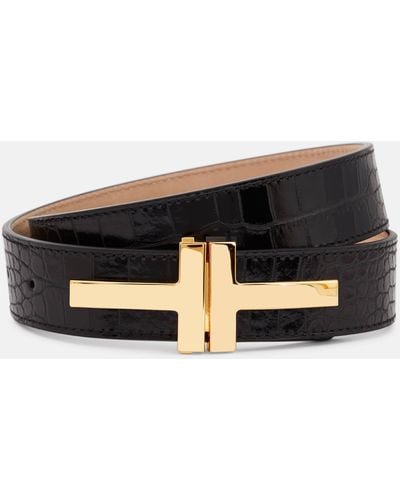 Tom Ford Double T Croc-effect Leather Belt - Black