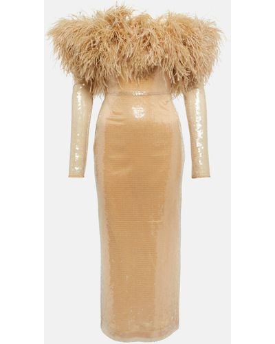 David Koma Feather-trimmed Sequined Midi Dress - Natural