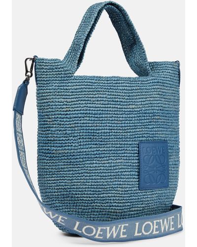 Loewe Slit Anagram Mini Raffia Tote Bag - Blue