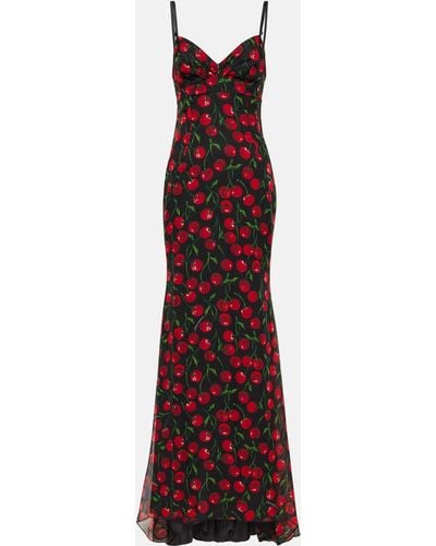 Dolce & Gabbana Cherry Printed Silk Chiffon Gown - Red