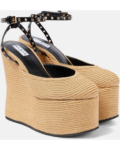 Alaïa Leather-trimmed Raffia Wedge Sandals - Metallic