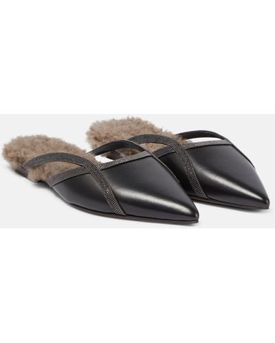 Brunello Cucinelli Shearling-trimmed Leather Slippers - Grey