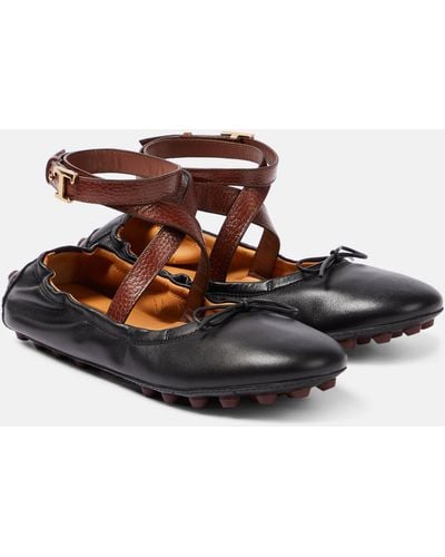 Tod's Premium Leather Gommino Ballerina Shoes. - Black