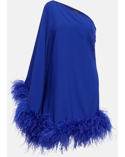 ‎Taller Marmo Piccolo Ubud One-Shoulder Feather-Trimmed Crepe Mini Dress - Blue