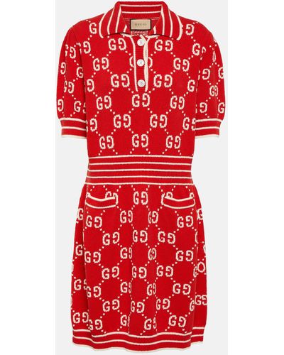 Gucci Monogram-print V-neck Cotton-blend Mini Dress - Red
