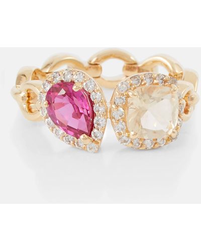 Nadine Aysoy Catena Double 18kt Gold Ring With Sapphire, Rubellite And Diamonds - Pink