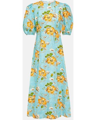 ALÉMAIS Floral Puff-sleeve Linen Midi Dress - Blue