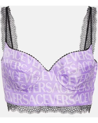 Versace Logo Silk Satin And Lace Bralette - Purple