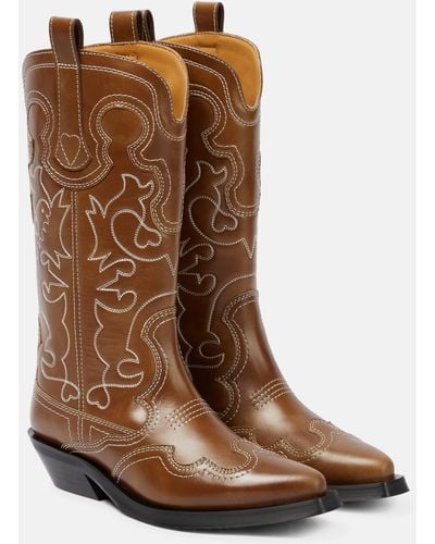Ganni Embroidered Leather Western Boots - Brown
