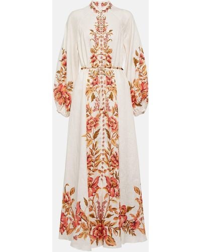 Zimmermann Vacay Billow Belted Floral Linen Maxi Dress - White