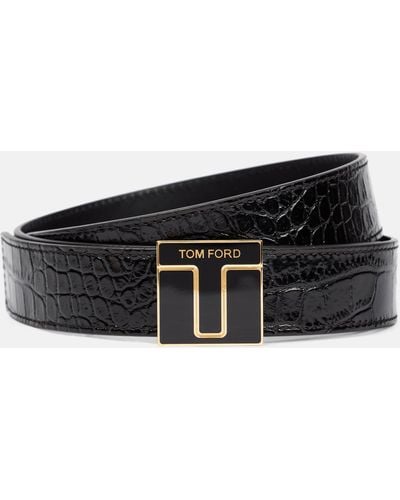 Tom Ford Logo Croc-effect Patent Leather Belt - Black