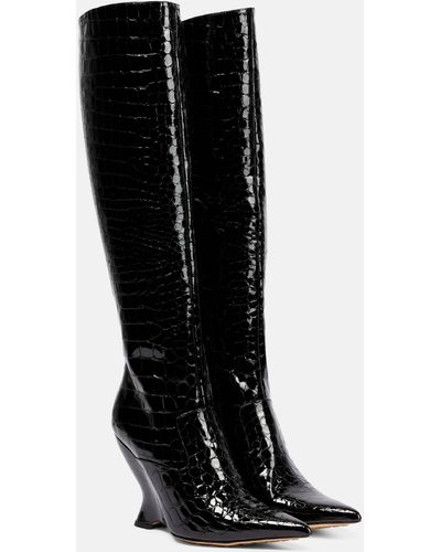 Bottega Veneta Punta Croc-effect Patent Leather Knee-high Boots - Black