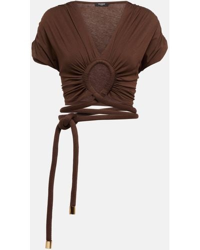 Balmain Draped Cutout Cotton Jersey Crop Top - Brown