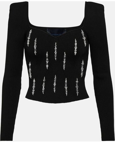 Costarellos Lamarr Embellished Ribbed-knit Top - Black