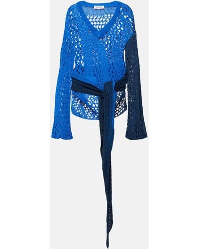 The Attico Belted Printed Cotton Crochet Minidress - Blue