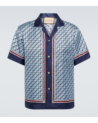 Gucci Hemd aus bedrucktem Seiden-Twill mit Reverskragen - Blau