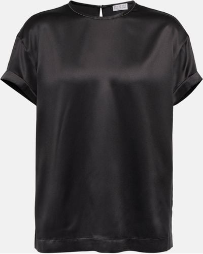 Brunello Cucinelli Embellished Silk-blend Satin T-shirt - Black