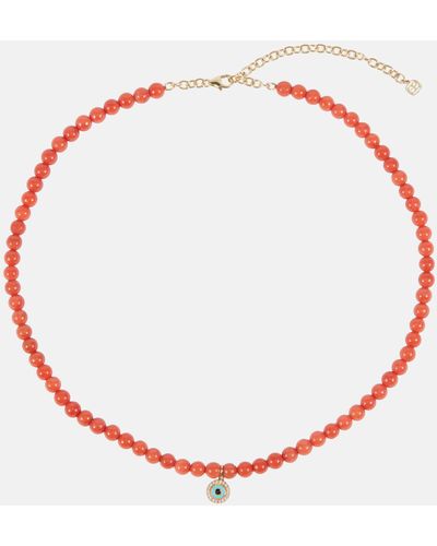 Sydney Evan Evil Eye 14kt Gold And Coral Beaded Necklace With Diamonds - Red