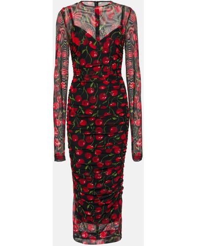 Dolce & Gabbana Cherry Printed Tulle Midi Dress - Red