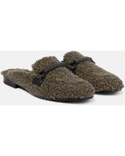Brunello Cucinelli Embellished Shearling Slippers - Brown
