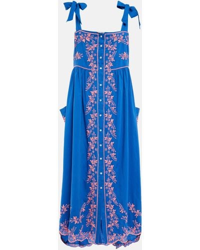 Juliet Dunn Embroidered Cotton Midi Dress - Blue
