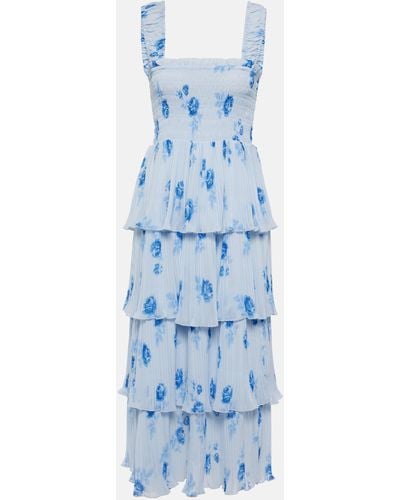 Ganni Floral Tiered Georgette Midi Dress - Blue