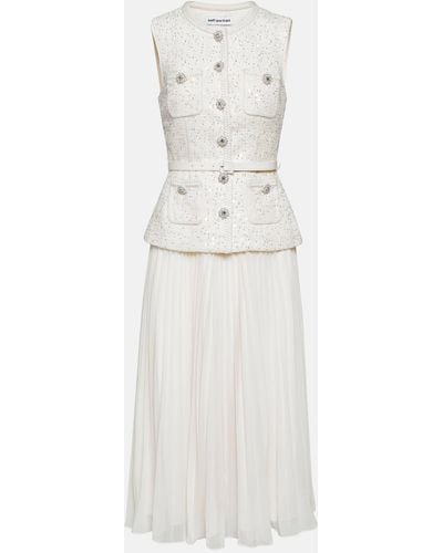 Self-Portrait Sequin-embellished Pleated-hem Woven Midi Dress - White