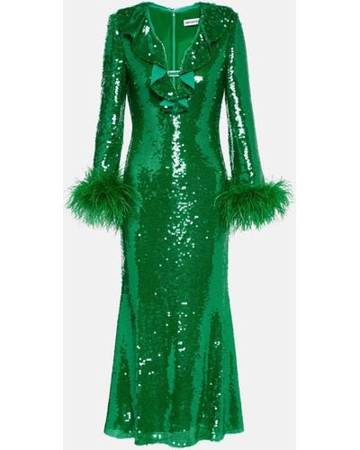 Self-Portrait Feather-trimmed Sequined Midi Dress - Green