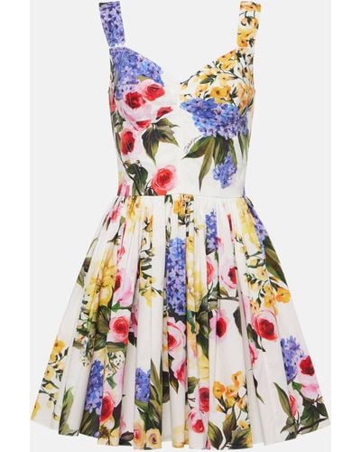 Dolce & Gabbana Short Bustier Dress In Cotton Poplin Garden Print - White