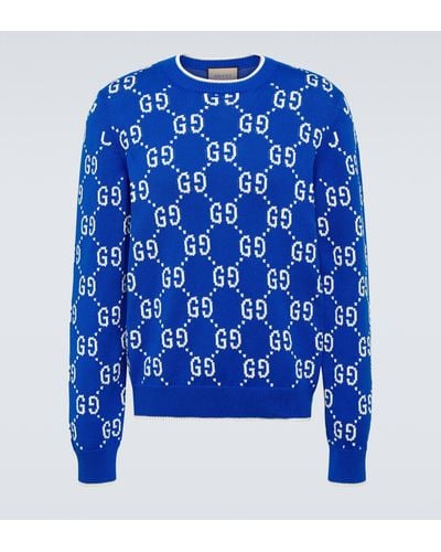 Gucci Cotton Gg Jacquard Sweater - Blue