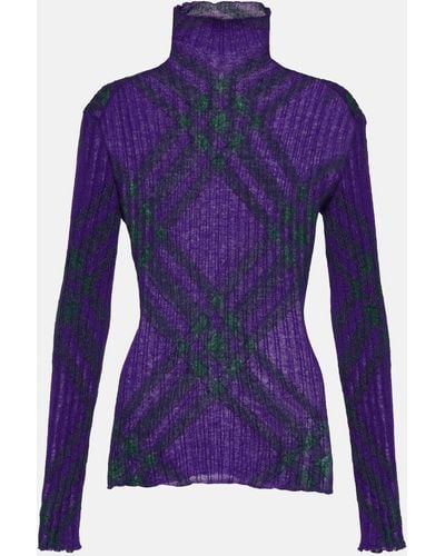 Burberry Checked Mohair-blend Turtleneck Sweater - Purple